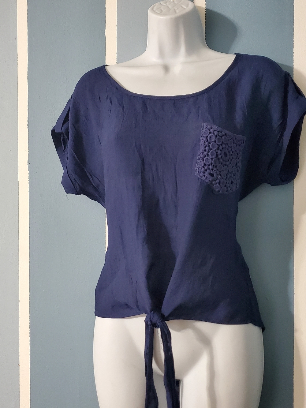 mine Navy Blue Tie-Front Scoop Neck Top with Crochet Pocket